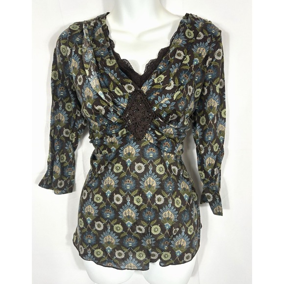 VTG Cato Y2K Lace Trim Babydoll Top Size L Brown Boho Forest Fairy Grunge Witchy - Picture 3 of 13